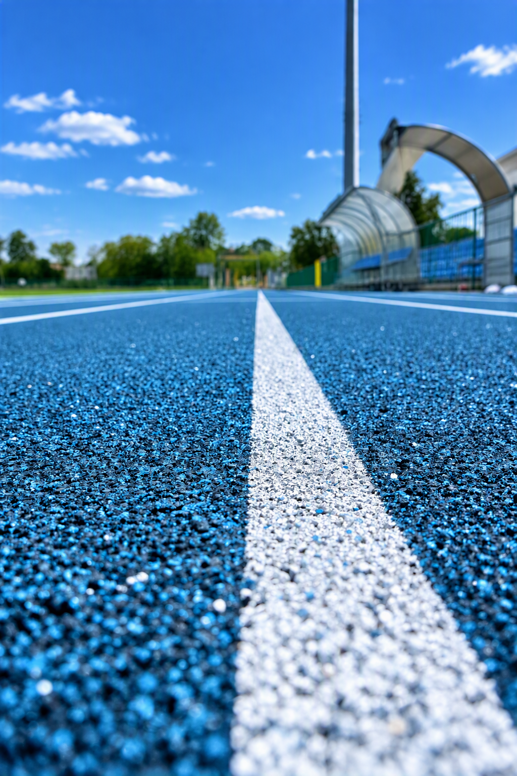 Niebieska bieżnia lekkoatletyczna przy trybunach stadionu